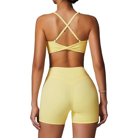 ABOCIW Workout Sets for Women 2 Piece V Neck Twist Back Sports Bra High Waist Biker Shorts Yoga Outfits Lemon Yellow Medium Cover