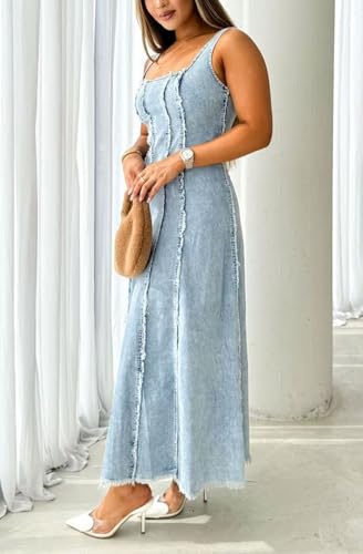 Image of chouyatou Women's Adjustable Spaghetti Strap Maxi Long Denim Dress A-Line Swing Distressed Jean Sun Dress