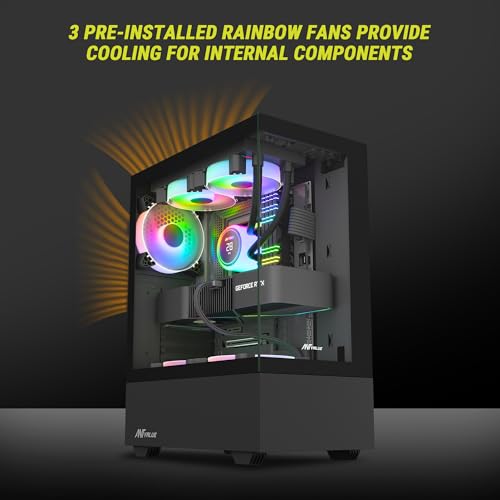 Image of Ant Value Tempered Glass CV100 Mid-Tower Computer Case /Gaming Cabinet A- Black | Support ATX, M-ATX, ITX | Pre-Installed 2 Top & 1 Rear Rainbow Fans, 2 USB Ports