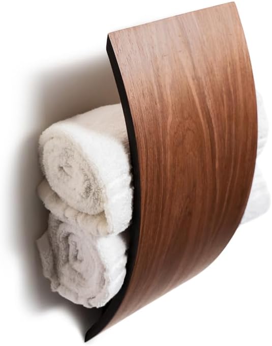 Rolled Towel Holder Wall Mounted, Vertical Wooden Shelf, Walnut Handtowel Storage, Wall Mount Floating Rack, Bathroom Organization, Rustic Design (Walnut)