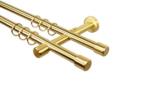 Messing Optik Gardinenstange 2-läufig 16 mm mit Endstück Kappe, 120 cm