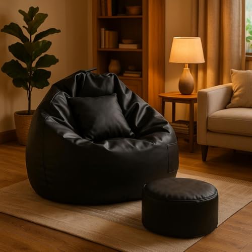 Image of IVIKA 5XL Bean Bag with Beans Filled | Gaming Chair | Premium Leatherette, Double Stitching | for Lounge & Bedroom | (5XL - Black)