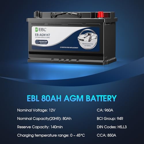 Image of EBL BCI Group 94R Car Battery,12V 80Ah Size H7 Performance Series AGM Battery - High Power 850CCA 140RC, Maintenance-Free & Leakproof Design