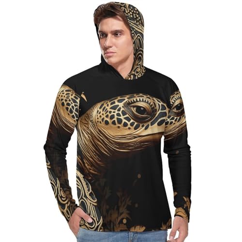Men's Sun Shirts UPF 50+ Rash Guard Long Sleeve Sun Protection Hoodie Black and Gold Sea Turtle Pattern Lightweight Shirt M2