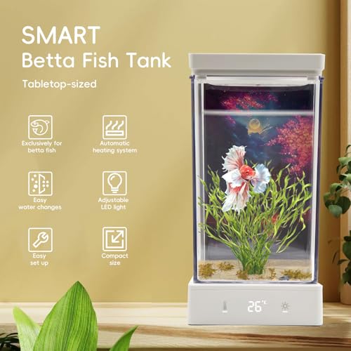 Image of Small Betta Fish Tank 0.37 Gallon Smart Aquarium kit Constant Temperature Setting Between 68-86℉ Fish Tank with LED Light Easy Setup and Maintenance, Perfect Starter Tank Fish Bowl White
