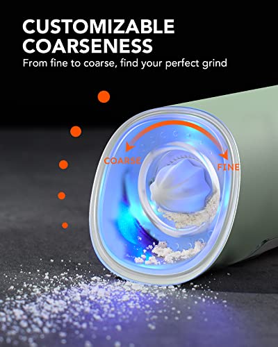 Forlim Gravity Electric Salt And Pepper Grinder Set Battery Operated, Adjustable Coarseness, Blue Led Light, One Hand Automatic Operation, Stainless Steel Fresh Green, 2 Pack #TOP2