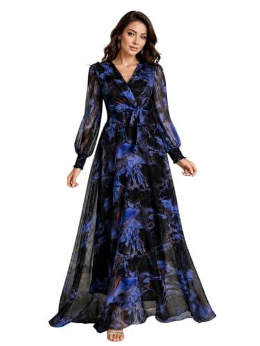 Image of LITZO Women's One Piece Dress - Georgette Floral Printed Western Gown | Long Sleeve V Neck Fit & Flare Flared Hem Design | A-Line Maxi Dress for Women | New Year Party Outfit (NO-08-10)