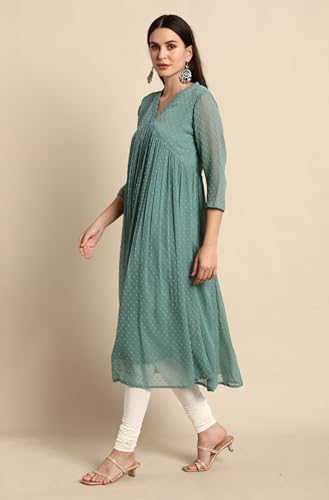 Image of Janasya Women's Dobby Chiffon Self Design Flared Kurta