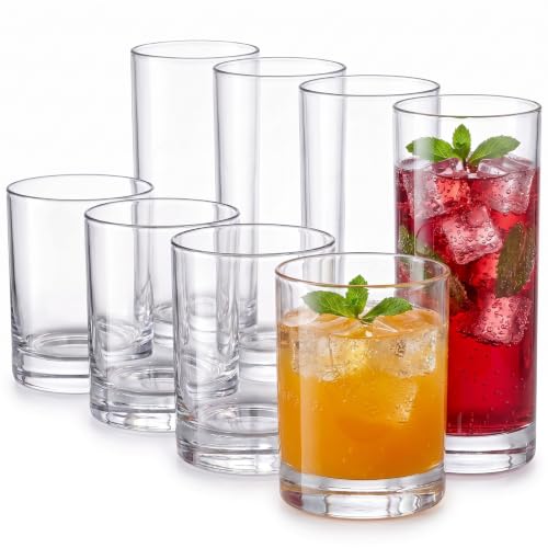 Meolibour® Acrylic Drinking Glasses Set of 8, 14oz Rocks & 20oz Water Cups, Unbreakable Plastic Drinkware, Clear Kitchen Tumblers for Home Outdoors, Reusable, BPA-Free, Top-Rack Dishwasher Safe