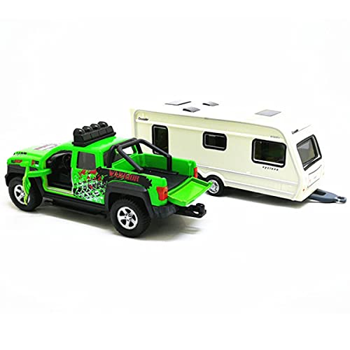 Pickup Truck Trailer Towing Toy Camper 2 In 1 Playset Rv Motorhome Toys For Boys Diecast Model Car Metal Pull Back Toy Cars 1/36 Scale Suv Friction Powered Doors Open Light Sound Kids Gifts, Green #TOP2