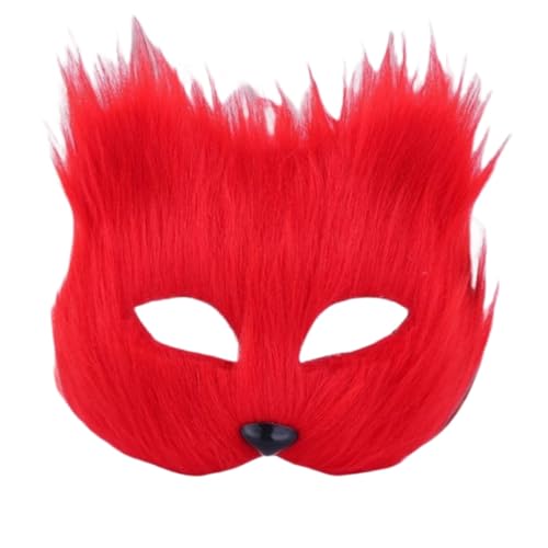YMMMY ROSE Cat Fox Mask Faux Fur Fox Mask Furry Half Face Mask Fancy Dress Eye Mask Animal Cosplay Halloween Costume Prop Women Girl (red)