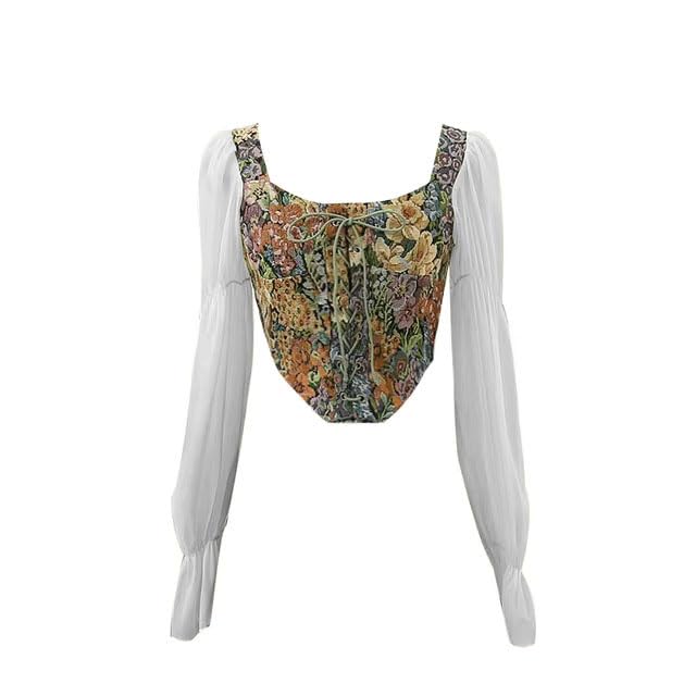 Image of ICW Women French Style Retro Vintage Lace-Up Floral Jacquard Square Neck Smock Puff Sleeve Ruffled Crop Blouse Corset Top Dn29