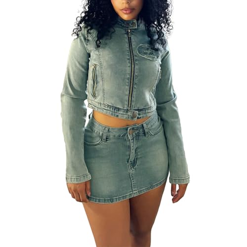 Mandonce Two Piece Skirt Set for Women Embroidery Cropped Jean
