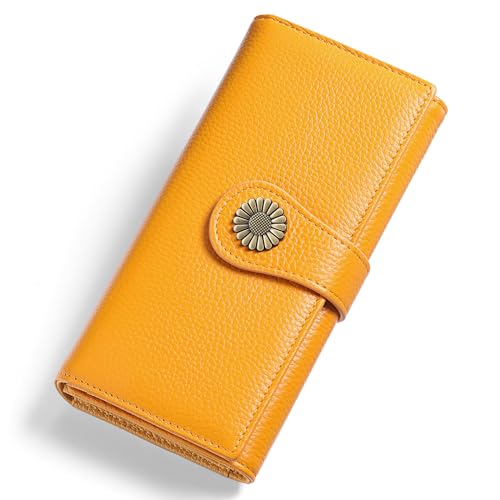 SENDEFN Large Womens Wallet Genuine Leather RFID Blocking Wallet for women Large Capacity Trifold Clutch Card Holder Ladies Purse with Zipper Pocket