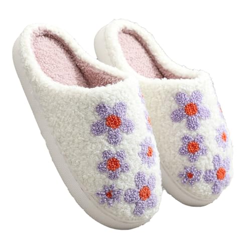 Flower Slippers Women Cute House Slipper Fuzzy Plush Cute Patterned Cotton Slip On Memory Foam Winter Indoor Warm Soft Bedroom Shoes
