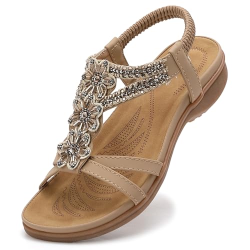Littleplum Damen Sandalen Sommer Flach Sandalette Bohemia Strand Sandalen,Beige,40 EU