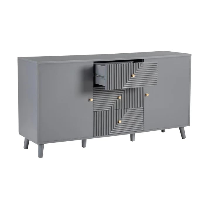 Image of Wooden Sideboard Cabinet for Living Room | Side Board Crockery Cabinet with 2 Doors & 3 Drawers Storage for Dining, Drawing and Home Office | HDMR Premium Wood & Iron, Light Grey