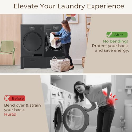 Image of SKM Washer and Dryer Pedestal with Drawer, Laundry Pedestal for Washer and Dryer Stand, Heavy Duty Steel Washing Machine Stand Height Raiser (2, black, 28 inch W x 29 inch D x 14 inch H)