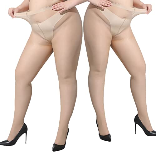Image of Plus Size Durable Tights - 2 Pack 30D Shiny Queen Size Pantyhose, for Chubby Women, Girls