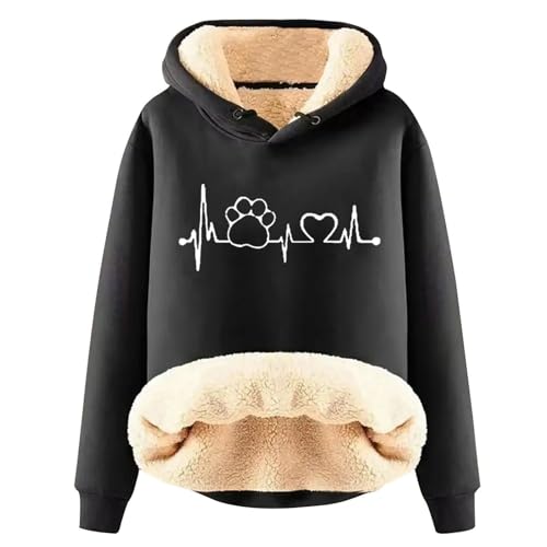 Generisch Verdicktes Damen Warmes Plüsch Sweatshirt mit Kapuze Lässiger Hundepfoten Druck Kapuzenpullover Muster Pulli Tops Winter Thermo Hoodie Fleece Sweater Pullover Wintermantel