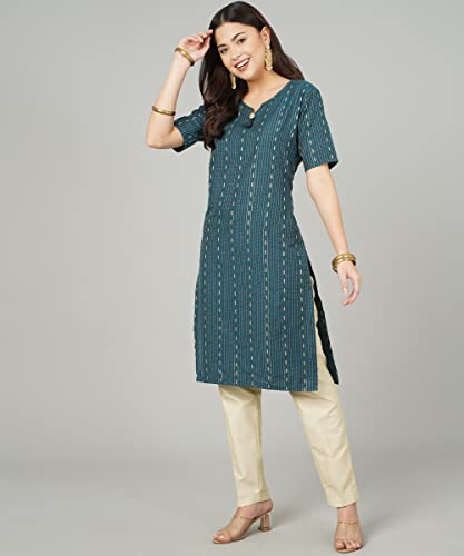 Image of Cotton Dobby Woven Design V- Neck Elbow Sleeves Knee Length Kurta for Women's