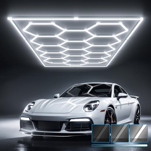 HYPERLITE Gen 2 Hexagon Garage Light, Upgraded 3 Level Dimmable 624W 62400LM Super Bright Garage Detailing Lights, 15 Grids with Rectangle Frame Shop Light, Hexagon LED Lights for Gym
