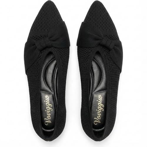 Voviggiw Fashion Women Flats Lightweight Pointed Toe Ballet Flats with Bow Comfortable Knit Dressy Flats Casual for Work Office Black Size 42