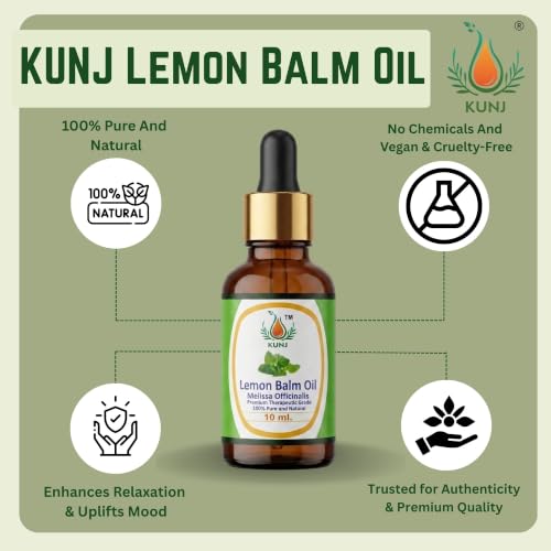 Image of KUNJ Lemon Balm Essential Oil 10ml - Pure Melissa officinalis Oil for Stress Relief, Relaxation, Calm Mood, Sleep Support, Aromatherapy, Diffuser & Skin Care | 100% Natural