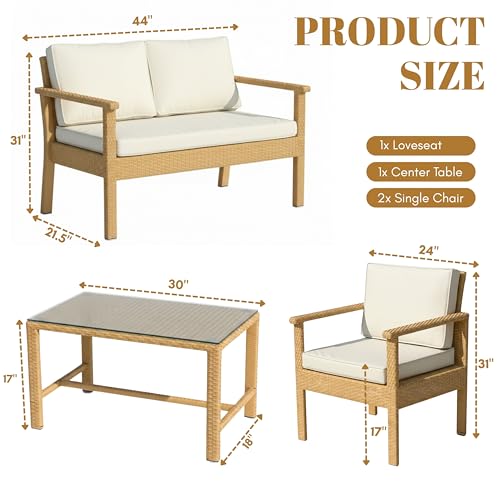 DEVOKO Outdoor Patio Furniture Sofa Set, 4-Piece Conversation Set Waterproof with Washable Soft Cushion and Center Table, Wicker Rattan for Gardens and Balcony (Beige & White)