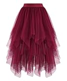 Ellames Women's Tulle Skirts High Low Layered Puffy Fairy Skirts Midi Length Irregular Tutu Skirt Burgundy Medium