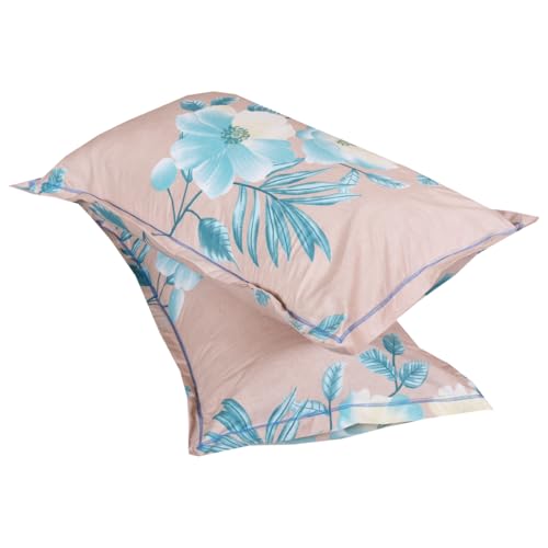 Image of ROMEE Elegant Floral Printed Glace Cotton Double Bedsheet, 144 TC Soft Feel, Queen Size (90 x 100 Inches), with 2 Pillow Covers, Beige & Blue