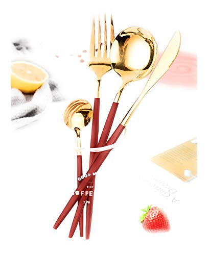 4pc Service For One Stainless Steel Silverware Flatware Cutlery Sets Eating Utensils Mirror Polished For Home For Restaurant RedGold 4pcs