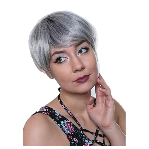Prettyland C1521 Peruk Korthår Tiered Ombré Black Hairline Cosplay Peruk Silvergrå