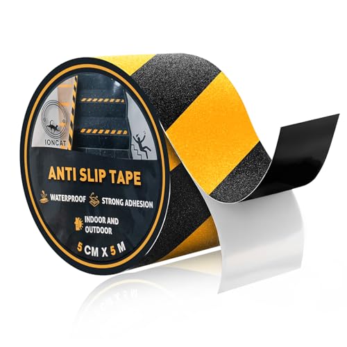 IONCAT Anti Slip Tape Yellow and Black Grip Tape High Traction Strong Adhesive Non Slip Tape for Steps Outdoor & Indoor Safety Hazard Warning Tape Stair Treads 5 CM x 5 M