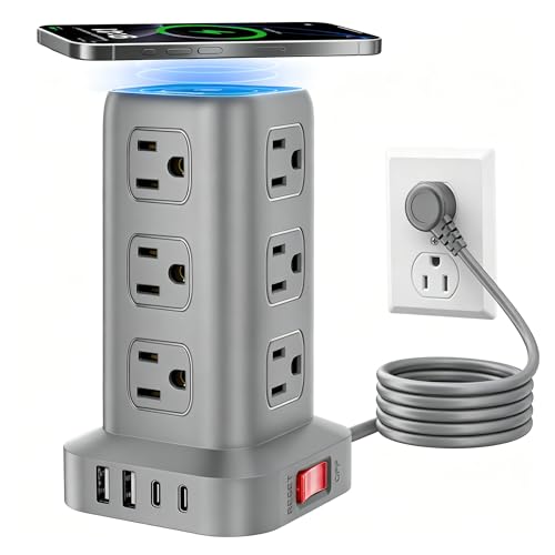 Extension Cord with Multiple Outlets, SMALLRT Power Strip Tower, PD 20W USB C, Power Strip with USB Ports 12 AC Outlets, 10FT Outlet Extender for Home Dorm, Office Supplies, Overload Protection