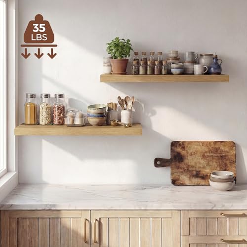 Image of Dreamland 32 Inches Floating Shelves for Wall, 9.3 inch Deep Long Floating Shelves Set of 2, Large Display & Storage Shelf, Wall Shelf for Bathroom Bedroom Living Room Kitchen Office, Oak
