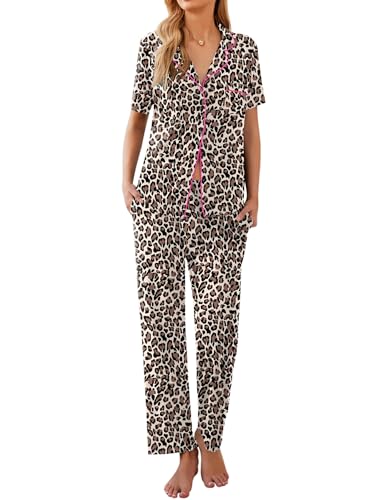 Image of Ekouaer Womens Pajamas Set Short Sleeve Button Down Top & Pants Lounge Pjs | Soft Sleepwear with long pants, ideal for Home relaxation, Wedding, Party, Daily Wear & Breastfeeding