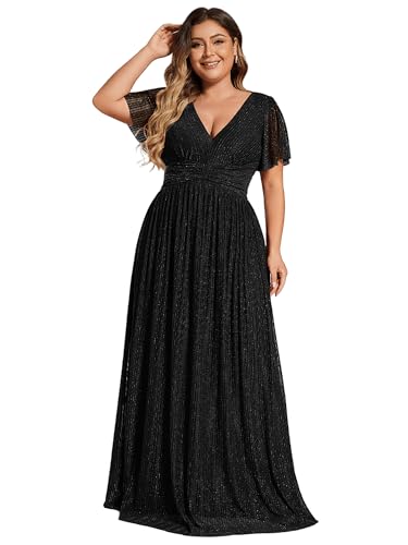 Ever-Pretty Women's A Line V Neck Glitter Short Sleeves Pleated P...