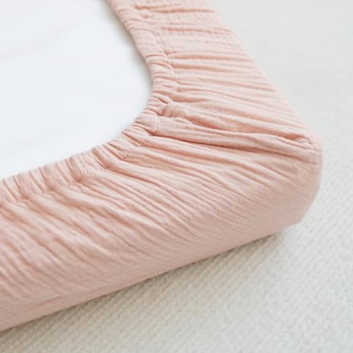 Image of MairMore 2 Pack Muslin Fitted Bassinet Sheets for Babies, Soft & Breathable 100% Cotton Bedside Sleeper Bassinet Sheet, Moses Basket Oval Rectangle Pad /Mattress (Pink Blossom)