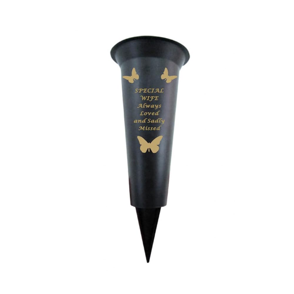 Memorial Grave Vases Ornaments Plastic Flower Holders - Butterfly Spike Grave Flower Vase Holders with Funeral Verses for Your Loved Ones - Black (Wife)