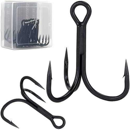 FINOSEAK Heavy Duty Treble Hooks 5X Extra Strong Ultra Sharp Treble Fishing Hooks Saltwater with Black Anti-Rust Coating Sturdy Replacement Triple Hooks Freshwater Sizes #65/0 (Black 6#-24Pcs)