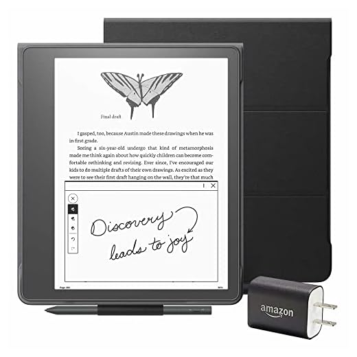 Kindle Scribe Essentials Bundle including Kindle Scribe (64 GB), Premium Pen, Leather Folio Cover with Magnetic Attach - Black, and Power Adapter