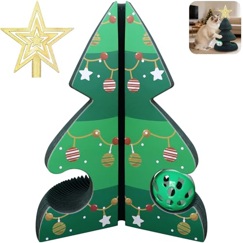 Griffoir Chat Vertical Forme Sapin de Noël, Magic Organ Pliable en Carton Ondulé, Planche à Gratter Interactive avec Balle Clochette, Structure Nid...