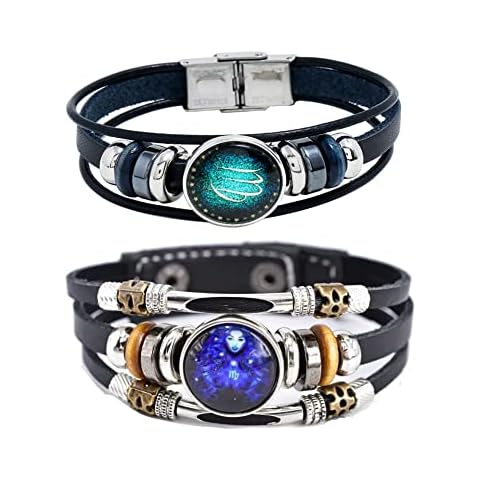 2Pcs Multilayer Constellation Zodiac Leather Bracelet Handmade Woven Zodiac Sign Wrap Bracelet Wristband for Women Men Jewelry Birthday Gift, Leather, Rhinestone Cover