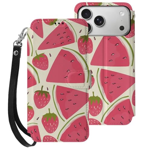 iPhone17 Pro Max用ケース スイカ柄 イチゴ柄 アイフォン17 Pro Max用ケース 手帳型 財布型 PUレザー おしゃれ スマホケース カード収納 スタンド機能 ワイヤレス充電対応 兼用ケース 贈り物