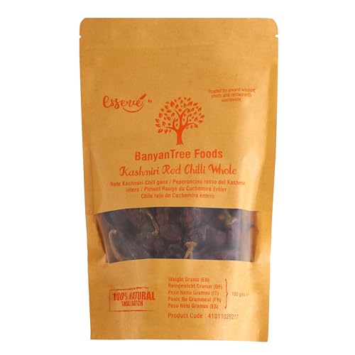 BanyanTree Foods Kashmiri Chilli Ganze | Kashmiri Chilli Whole 100g - Feinschmecker milde Chilis zur Herstellung von Chilipaste.