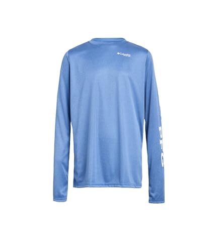 Image of Columbia Youth Boys PFG Terminal Tackle Long Sleeve Sun Protection Shirt, Vivid Blue Heather/White Logo, X-Large