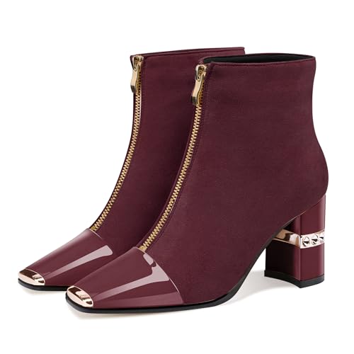 Image of XINIUNIU Women's Ankle Boots Block Chunky Heels Booties Metal Square Toe Suede Front Zipper 3 Inch Short Boot Dress