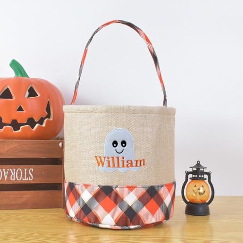 Personalized Halloween Bag with Name, Custom Embroidered Candy Bucket Ghost Design Basket for Boys Girls