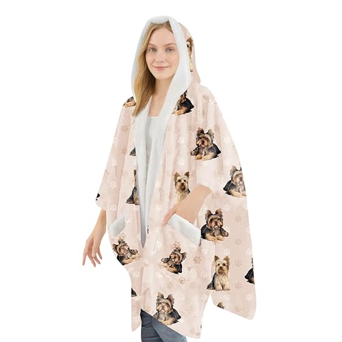 E&S Pets Yorkie Snugg Wrap with Hoodie - Cozy Sherpa Fleece Wrap for Women - Gift for Pet Lovers (Yorkie)